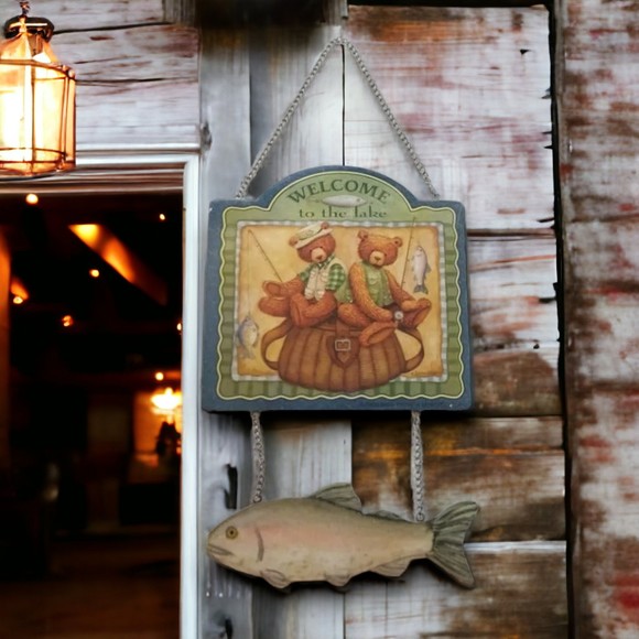 Fishing Wooden Plaque Sign Welcome To The Lake Bears Wire Chain Hanging - Picture 1 of 5